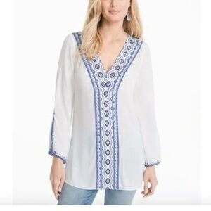 4/$25 WHBM Women Tunic‎ Shirt sz 6 White Blue Embroidery Argyle Fair Isle Casual